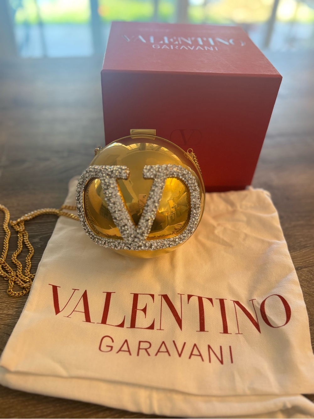 Valentino Garavani Gold Crystal V Round Minaudiere